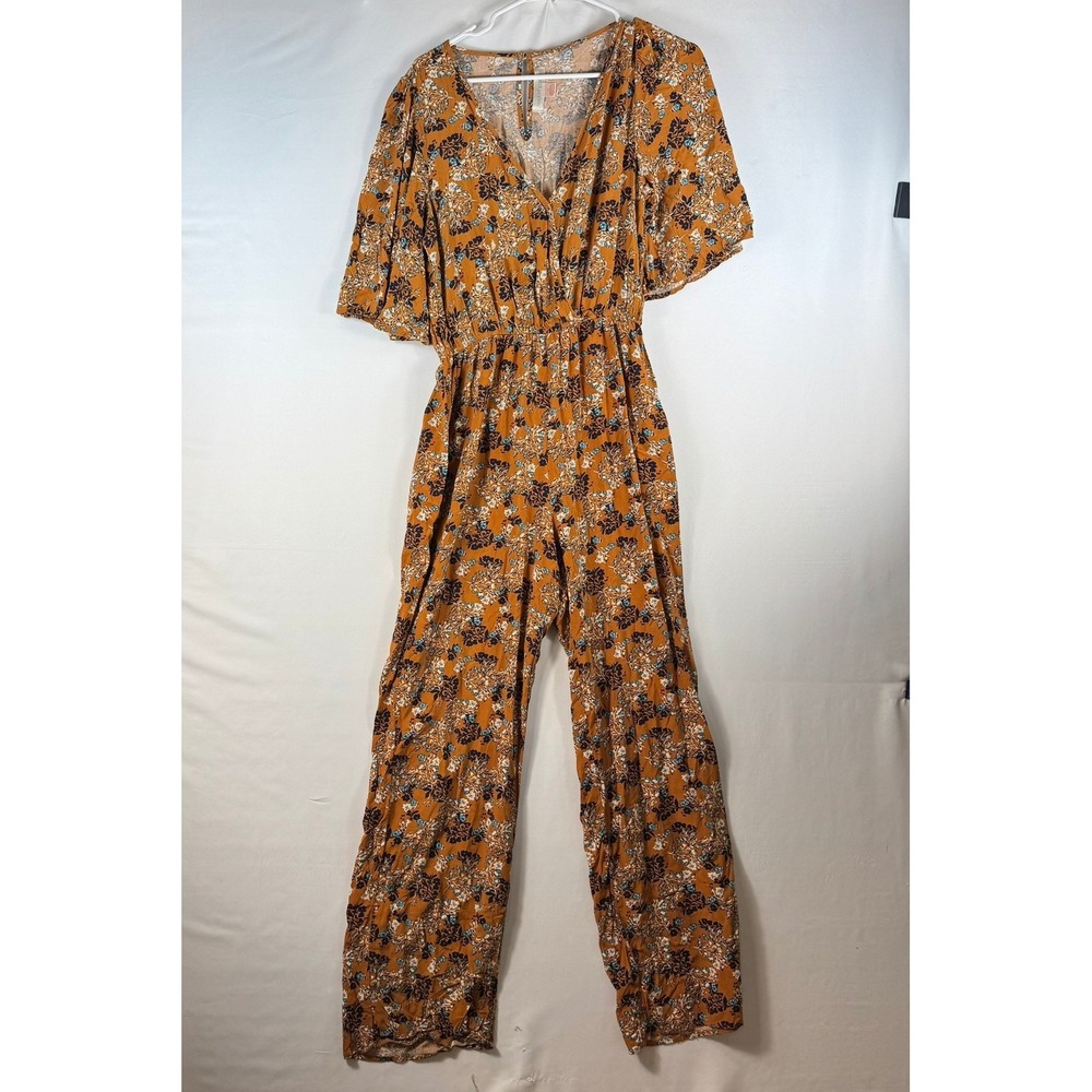 Band of Gypsies Floral Flutter Sleeve Wide Leg Jumpsuit Mustard Yellow Medium